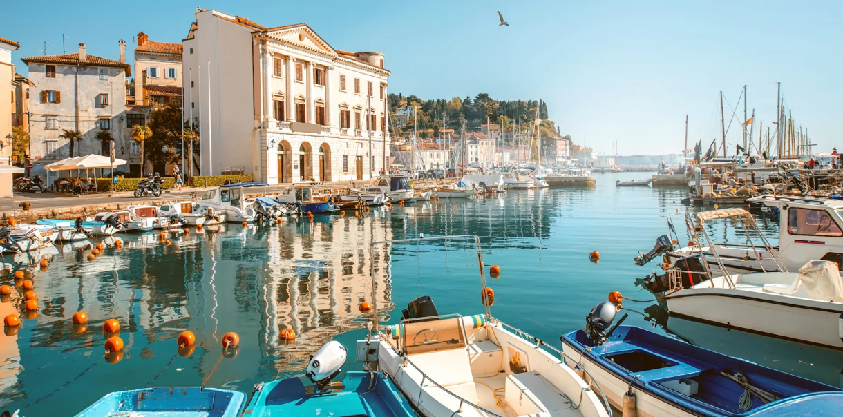 Razgled na sončno pristanišče z ladjicami in staro mestno jedro Piranskega zaliva